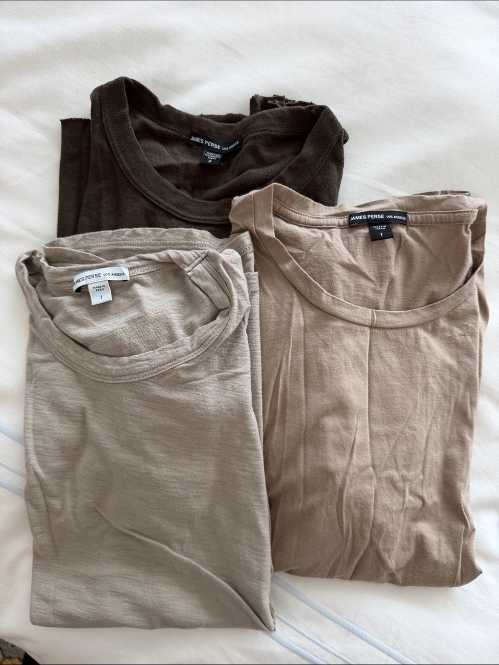 James Perse Trio of Crewneck Tees in Dark Brown, Taupe, and Light Beige